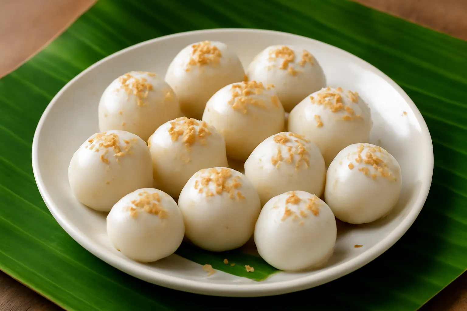 Đĩa bánh trôi trắng tròn rắc vừng trên lá chuối