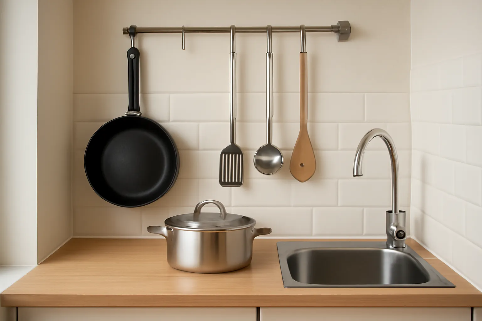 Góc bếp nhỏ với một chảo, một nồi và vài dụng cụ treo trên tường