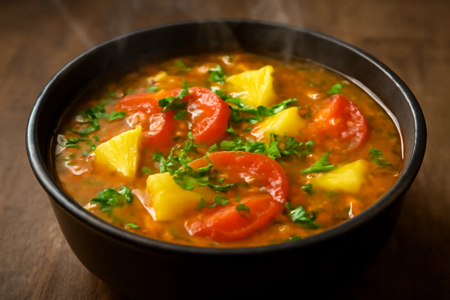 Nồi canh chua bốc hơi với cà chua, dứa và rau thơm