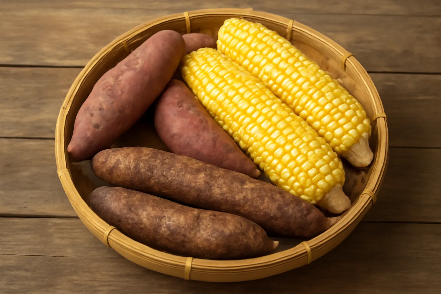 Rổ tre đựng khoai lang, bắp ngô và củ sắn