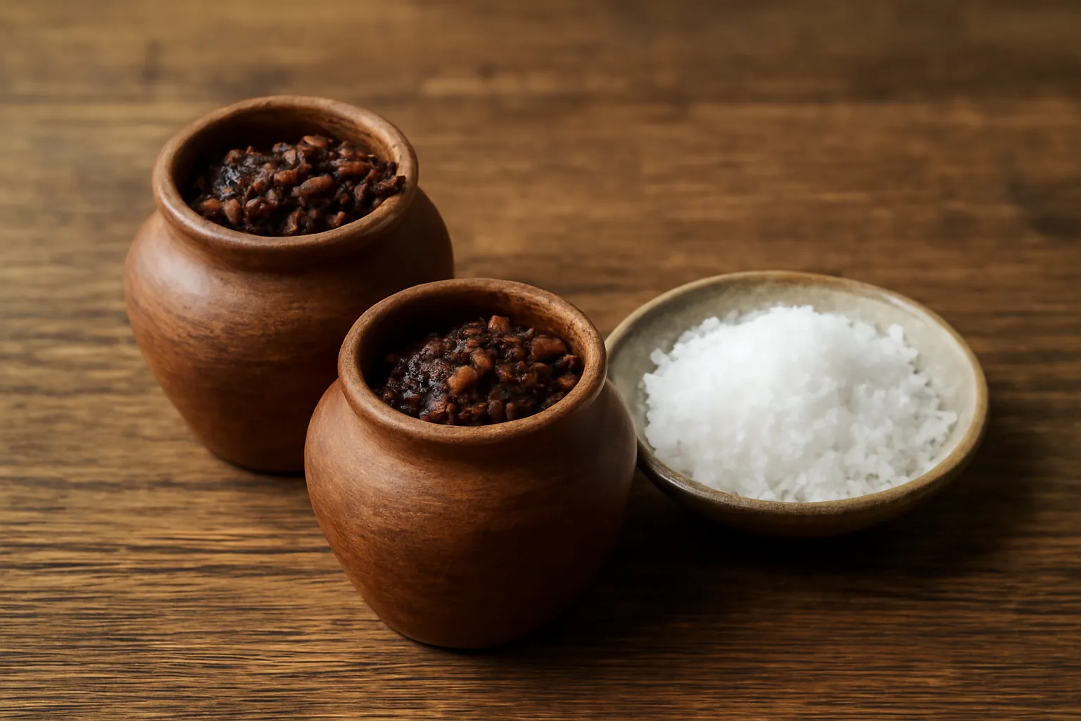 Mấy hũ sành đựng tương và chao xếp cạnh bát muối
